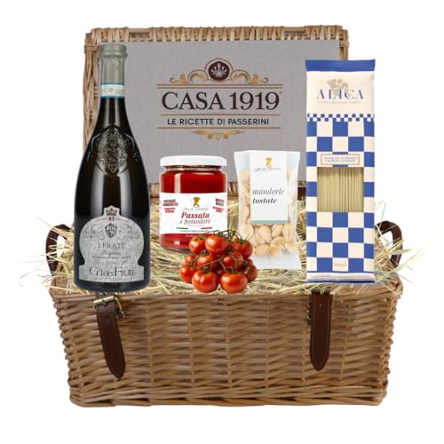 Casa 1919 | Cesta de regalo gourmet | Espaguetis artesanales Alica 500 g | Vino blanco Lugana Ca' dei Frati 750 ml | Pasta de tomate 500 g | Almendras tostadas 30 g | Embalaje navideño