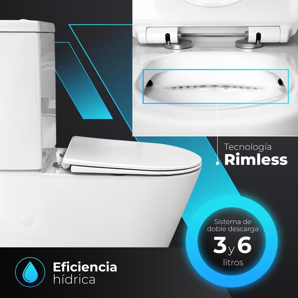 Inodoro Completo,Inodoro Blanco, Retrete para Hogar VENECIA Sistema Rimless Antibacterias Tapa Dura Extrafina Amortiguada Salida Dual