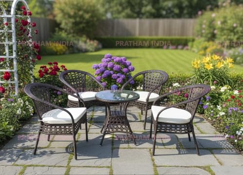Image of India Outdoor Indoor Patio Furniture Sets Rattan Chair Patio Set Conversation Set Poolside Lawn Chairs Swingarea Balcony Outdoor Garden Furniture Chair (Brown with Cream Cushion 4+1)