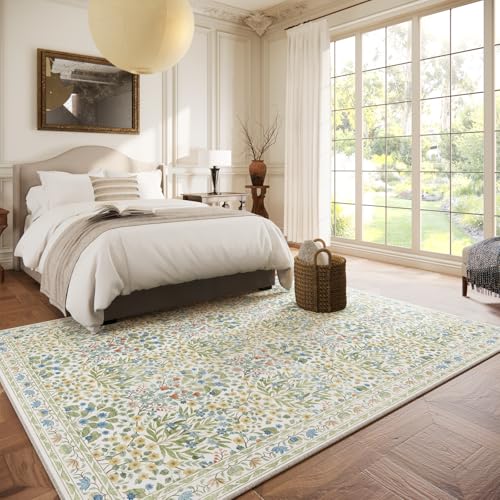 Image of Light Beige Green Area Rug 6x9 - Washable Vintage Living Room Rug for Kids Room, Bedroom, Nursery & Dining Room - Low Pile, Non-Slip & Stain Resistant