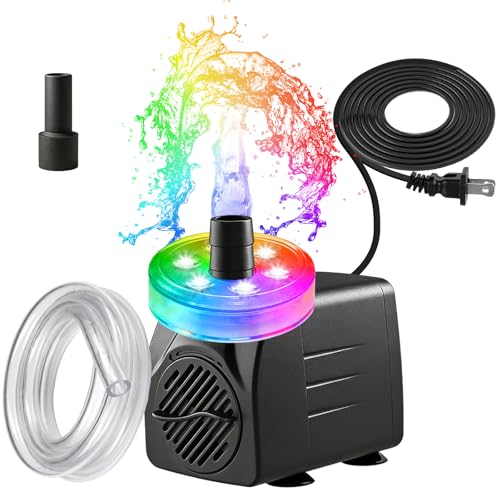 Image of 210GPH Submersible Water Pump, 15W Ultra Quiet Small Fountain Pump with LED Lights and 3.28 ft Tubing, 2 Nozzles for Small Pond, Water Feature, Fish Tank, Aquarium, Hydroponic, Statuary