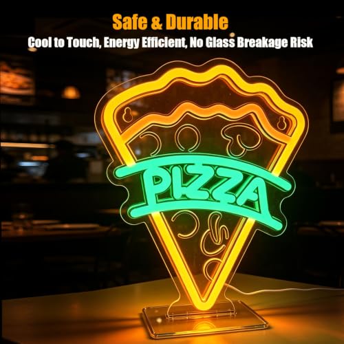 Image of Pizza Neon Sign, Type-C & USB Powered Neon Lights with Base Stand | Food Neon Signs for Kids Bedroom, Game Room, Kitchen, Desk & Wall Art, Aesthetic Room Decor Gift, Hooks Included