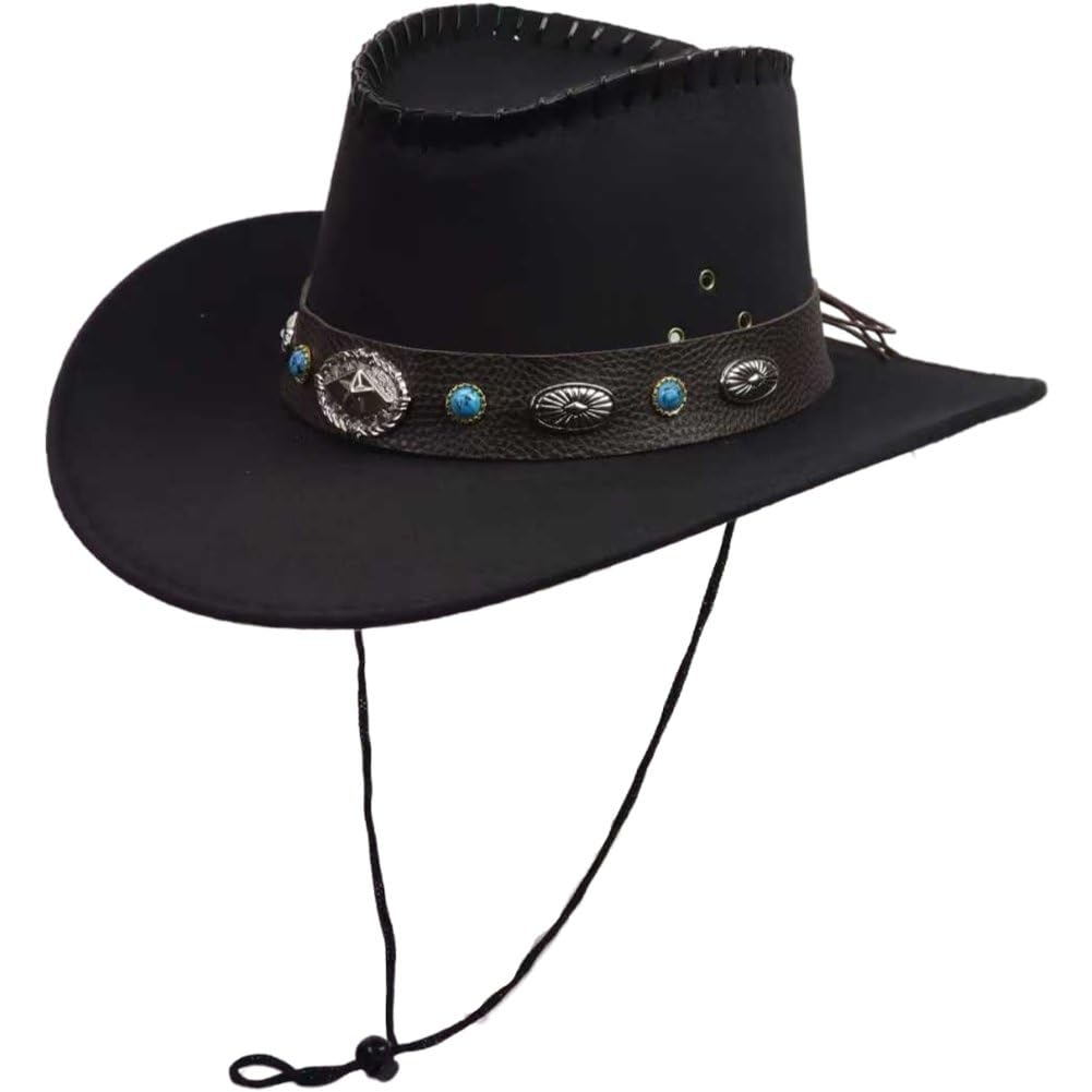 Hrippy Turquoise Stone Decor Felt Wide Brim Cowboy Fedora, Classic Country Cowgirl Cap for Men Women Outdoor Party Styling
