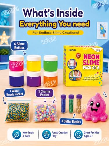 Image of HOTKEI (6 Neon Slime kit) DIY Neon Colored Fruit Scented Slimy Slime Gel Jelly Set Kit Air Dry Magical Crystal Clay Putty Toy for Girls Boys Kids with Glitter| Stars | Color Beads Set