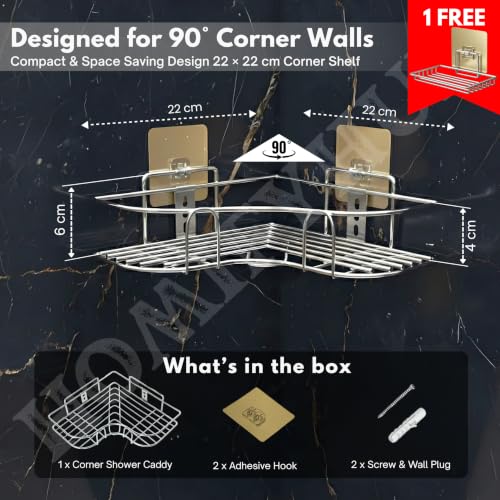 Image of Stainless Steel Corner L Shelf Storage Organizer Bathroom & Kitchen | No Drill Self Adhesive Corner Stand for Kitchen Sink | Wall Mount Bathroom Organiser Shelves Rustproof (Set of 1)