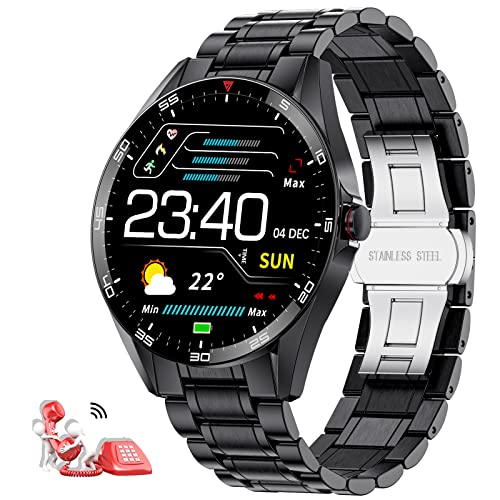 SIEMORL Smart Watch mit Bluetooth Anruf, IP67 Wasserdicht Fitness Tracker mit Herzfrequenz Schlafmonitor,1,32" Voll Touchscreen Edelstahl Aktivitäts Traker Smartwatch für Android IOS Schwarz Cover
