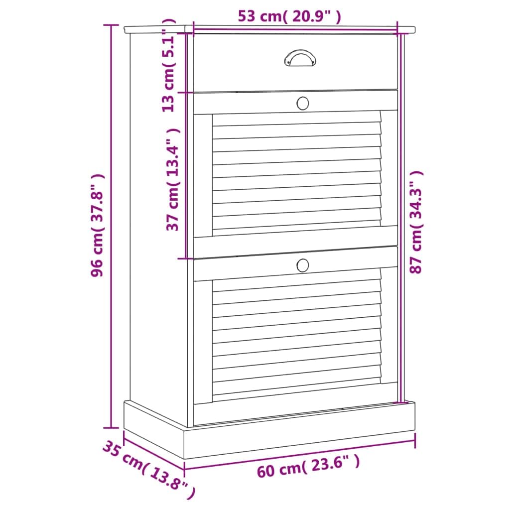 Schuhschrank, Massivholz, Kiefer, 60 x 35 x 96 cm | Metallgriffe, Reinigung mit feuchtem Tuch, Wandbefestigung inklusive, Staubrückung