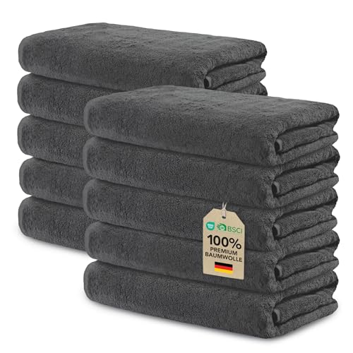 Ôhm 10er Set Handtücher 30x50 cm, 100% Baumwolle Frottee 500 g/m² Dunkelgrau, extra dick und saugstark, Oeko-Tex Zertifiziert