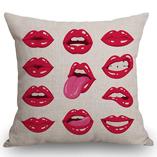 SSOIU Red Lips Throw Pillow Cover,Sexy Woman's Lips Decorative Throw Pillow Covers Cotton Linen Farmhouse Cushion Cover 18x18 Inches for Home Couch Sofa Bench Decor