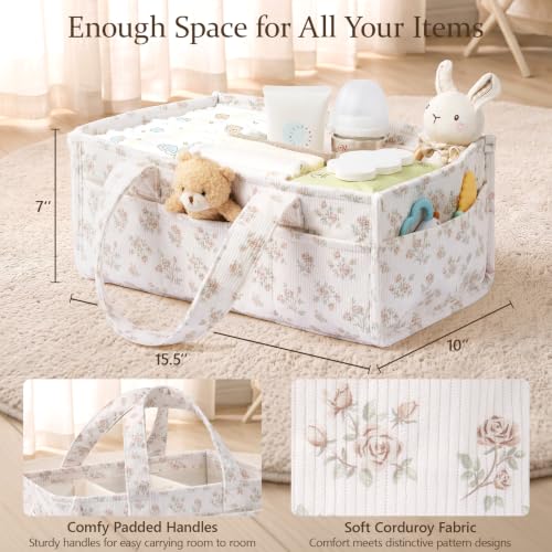 Image of Corduroy Baby Diaper Caddy Organizer with Handles, Nursery Storage Basket
