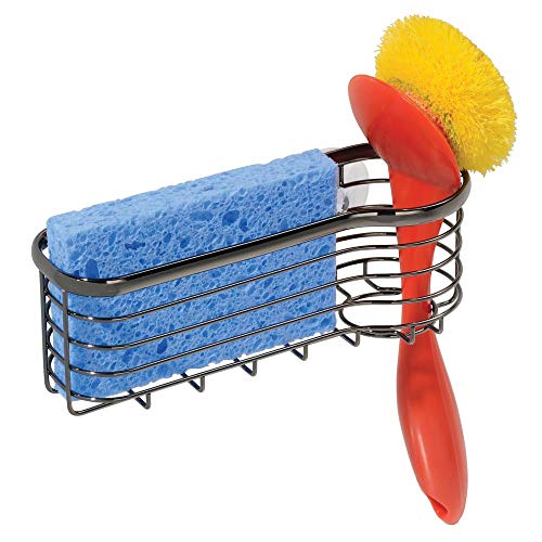 mDesign Metal Kitchen Sink Center Storage Caddy with Built-In Dishwashing Brush Holder- Suction