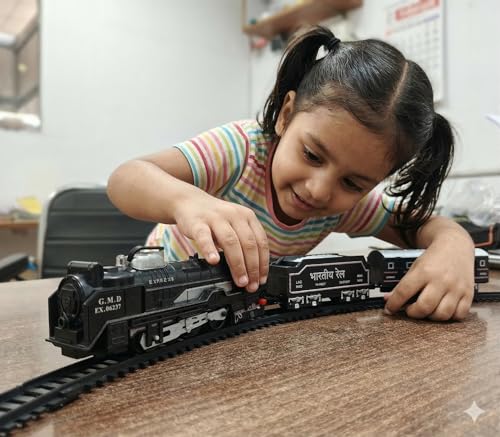 Image of VU Toys Small Rail Gadi Train Set for Kids (3+ Years) | Rechargeable Engine with Coal & Passenger Coach | Water Smoke, Hindi Music, Lights & Sound | C-Type Charging | 10 Round Tracks (Black)