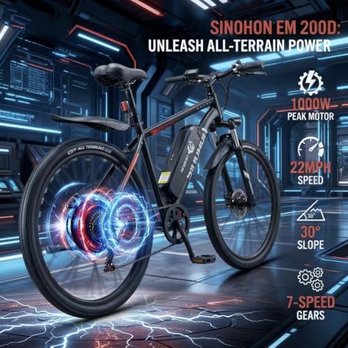 SINOHON 26″ Electric Bike for Adults, 1000W Peak Motor
