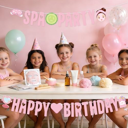 Image of Hooqict Happy Birthday Banner Spa Party Decorations Banner Sign for Girls Women Sleepover Slumber Makeup Pink Spa Themed Birthday Party Decorations Supplies