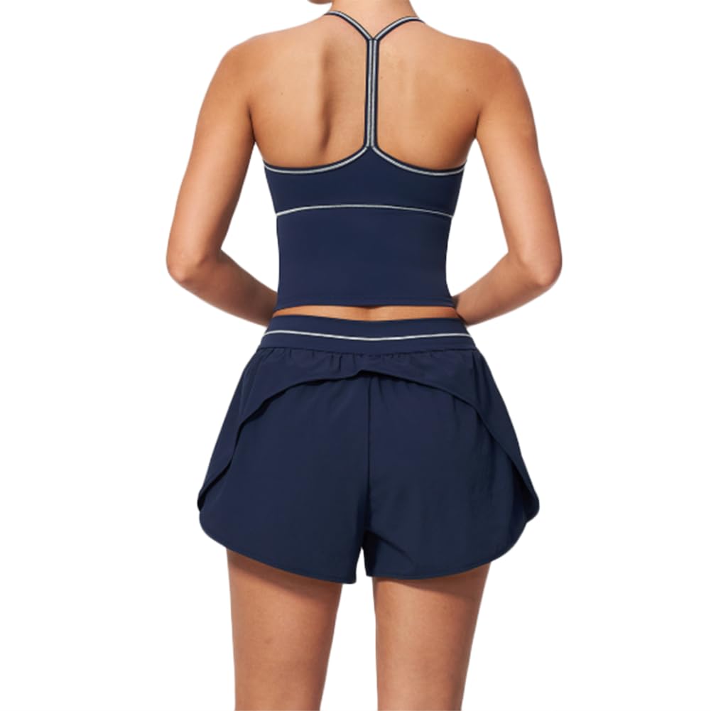 Conjunto deportivo 2 piezas camiseta halter escote V de secado rápido | Conjunto camiseta deportiva halter escote V y shorts deportivos 2 en 1 de talle alto, costuras en contraste, tela de secado r