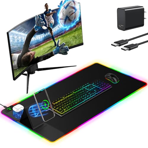 Image of Mouse Pad with Wireless Charger Foldable Phone Holder, XXL RGB Gaming Mousepad 31.5 inchx15.8 inch Large Desk Mat for Keyboard, Black Desk Pad with Dual Qi Charging Station, 11 Colors 5 Modes