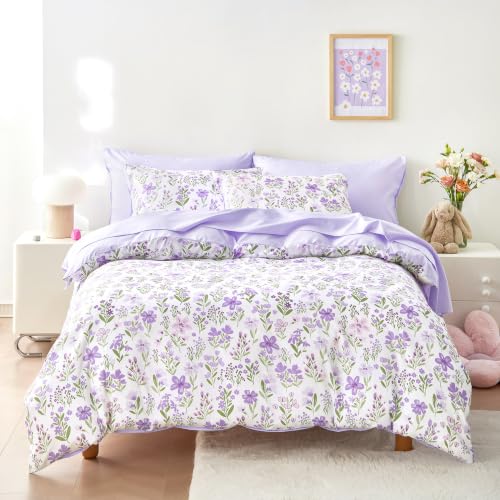 Wake In Cloud - Floral Bedding Set for Girls Cute Colorful Botanical Flowers Patterned Soft Lightweight Comforter Set with Sheets 5 Pieces Kids Bed in a Bag Purple White Twin Size
