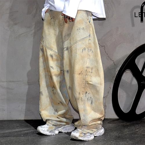 Men’S Hip Hop Loose Fit Heavyweight Baggy Harem Denim Pants Button Fly Distressed Wash Skate Graffiti Streetwear Cargo3