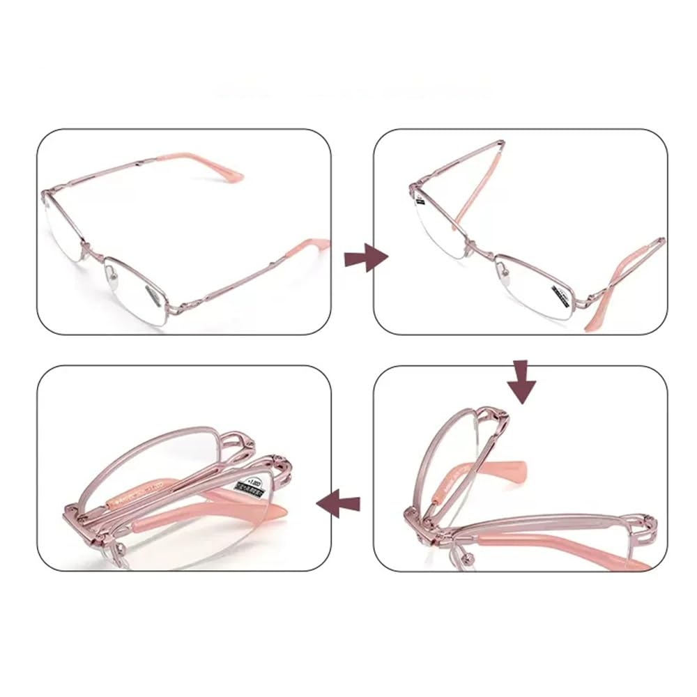 Plegables Gafas de lectura Ligeras Reading Eyeglasses Portátil Mujeres Reading Eyeglasses rosado Rectangulares metal Medio marco2.5