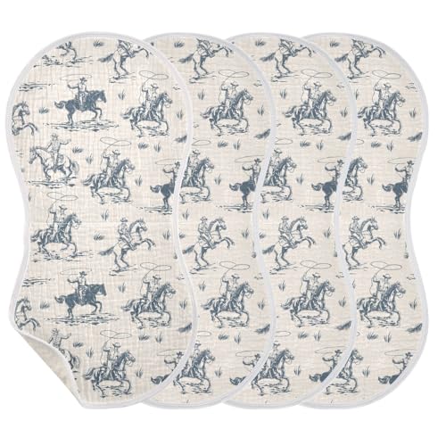 Image of JHKKU Muslin Burp Cloths for Baby Boys and Girls - 4-Pack Ultra Absorbent Western Cowboy Muslin Washcloths, Newborn Towel, Milk Spit Up Rags, Burp Cloth Bib for Unisex, 22 x 11 Inch