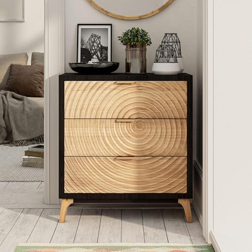 3-Drawer Farmhouse Dresser with Handcrafted Wood Ring Motif, Black Nightstand for Bedroom, Fully-Assembled, Rustic and Morden - Image 2