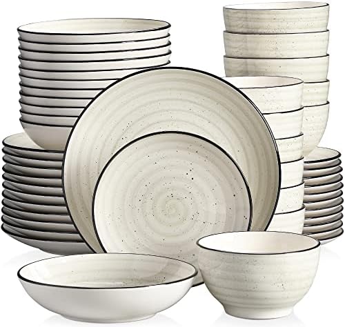 vancasso Bonbon Green Dinner Set- 24 Pieces Stoneware Dinnerware Set, Handpainted Spirals Pattern Ceramic Combination Set with Dinner Plate/Dessert Plate/Pasta Bowl/Deep Bowl, Service for 6