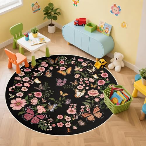 Butterfly 4ft Round Rug - 4x4 Washable Circle Rug Soft Large Circle Carpet for Bedroom Living Room Kitchen Nursery, Black