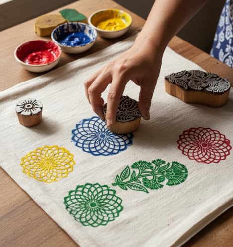 Image of RENIQ Wooden Printing Block for Fabric & DIY Craft | Handcrafted Indian Design Stamp for Textile, Pottery, Mehndi & Home Decor (Multicolor15)