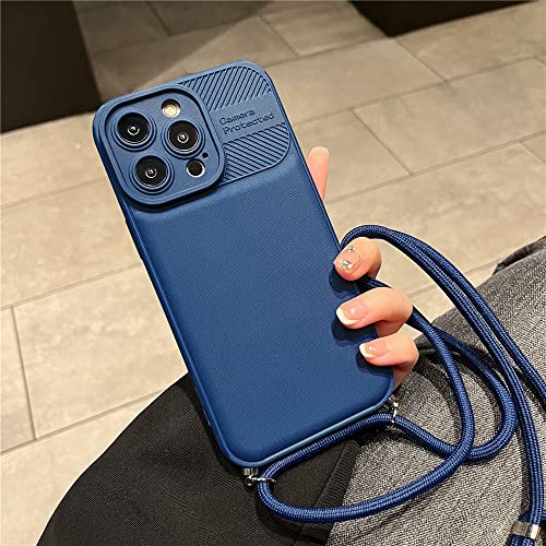 Étui souple pour iPhone 14 Pro Max armure antichoc bleu avec collier tour de cou pratique