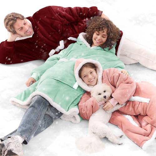 JOYWOO Wine Red Wearable Blanket Hoodie,Oversized Cat Lovers Sweatshirt Blanket for Adult & Teens,Birthday Gifts for Women Men Mom Girl Boys,Cozy Sherpa Blanket Giant Pocket Gifts,Burgundy Small