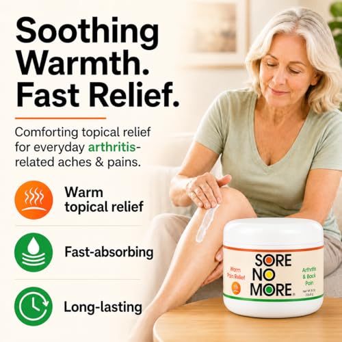 Image of Sore No More Arthritis Pain Reliever Cream - Targeted Warm Relief for Back, Neck, Hands & Feet - Soothing & Fast-Acting Formula for Aches and Pains - Non-Greasy with Orange Aroma - 8 oz