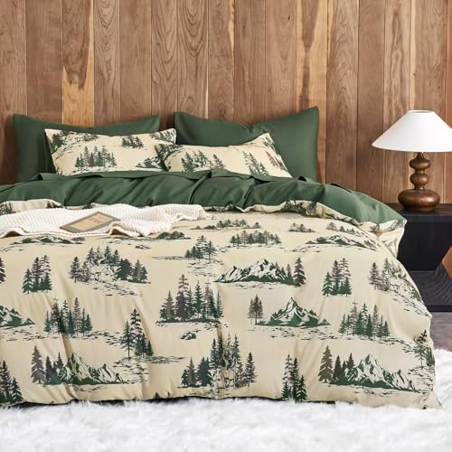 Wake In Cloud - Rustic Duvet Cover Set, Cabin Lodge Cottage Country Charm with Mountain and Natural Forest Theme, Soft Lightweight Bedding, 3-Piece, Green Brown, Twin/Twin XL Size