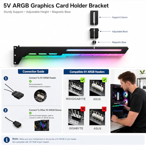 Image of ZORBES ARGB Metal GPU Support Bracket Anti-Sag Graphics Card Holder with Adjustable Height, 5V 3Pin Addressable RGB Lighting Sync, GPU Stand Brace for PCIe Protection & Gaming PC