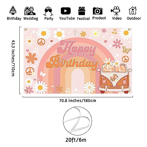 Image of Avezano Groovy Birthday Banner for Retro Hippie Birthday Party Decorations Girls Daisy Flower Boho Rainbow Theme Photoshoot Backdrops 70.8 x 43.3 Inch