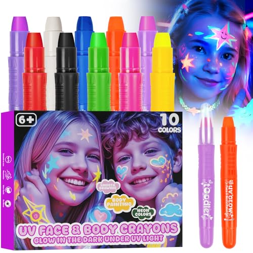 Toodler UV フェイスペイントスティック ブラックライト下暗所で発光 10色 ネオンボディフェイスペイントクレヨン 子供大人用 水洗い落ち・汚れず グローパーティー用品 仮装 ハロウィンメイク対応