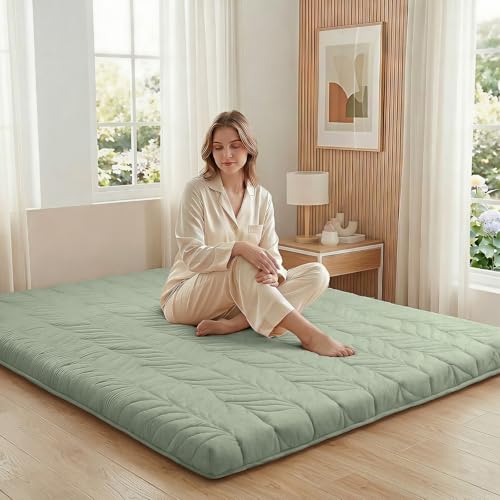 Image of ZonLi Japanese Floor Mattress Futon Mattress King Size, 4 inch Thicken Roll Up Tatami Mat 100% Cotton Washable Cover, Portable & Foldable Floor Bed Mattress for Sleeping, Dormitory, Adult, Green