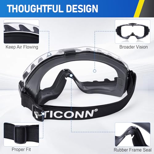 TICONN Anti-Fog Safety Goggles, Adjustable Safety Goggles Over Glasses, ANSI Z87.1 UV385 Eye Protection Glasses for Adults by TICONN - Used condition - Image 3