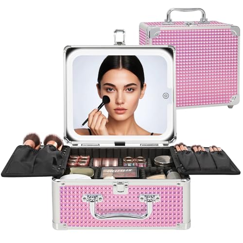Image of Relavel Makeup Bag with LED Mirror, Makeup Box Travel Train Case with Rechargeable Lighted Mirror, Cosmetic Brush Organizer Storage for Makeup Artists Gifts for Women and Girls, Pink