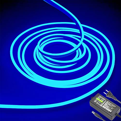 Image of dobestyou Blue Neon LED Strip Lights - 16.4ft (5M) 12V DC 600 SMD2835 LEDs Waterproof Flexible Rope Light for Indoor /Outdoor Decor (Includes Power Adapter)