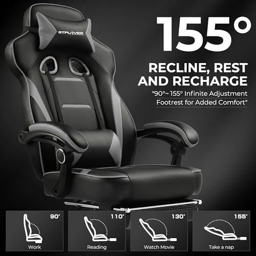 GTPLAYER Gaming Chair with Footrest, Big and Tall Computer Game Chair 350lb Racing Style, Ergonomic High Back Lumbar Support and Recliner, Moon Gray