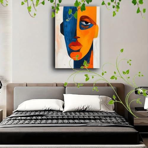 Peinture visage abstrait impression toile moderne orange et bleu - 3