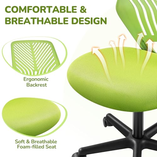 Image of Yaheetech Small Desk Chair, Armless Adjustable Swivel Seat, Green | Padded mesh seat and ventilated resin back, compact armless frame rolls and adjusts for study and small desks, holds 300 lb.