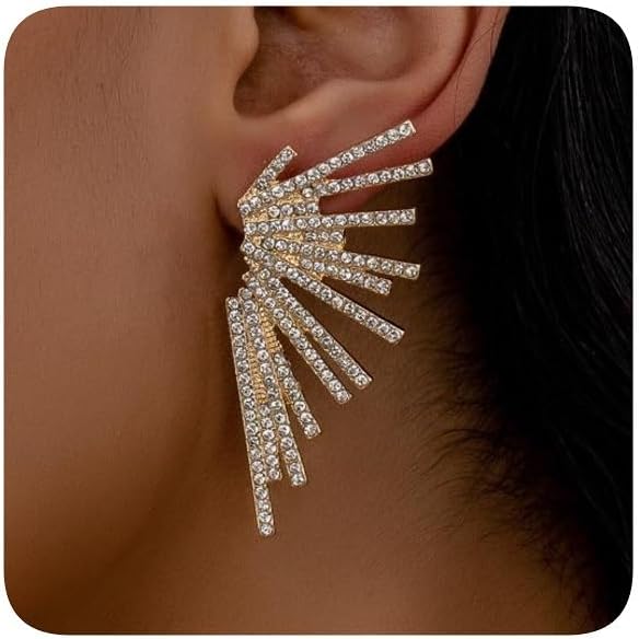 Crystal Fan Statement Stud Earrings, Gold Plated, Rhinestone Starburst Dangle Design, Wedding Party Formal Evening Wear