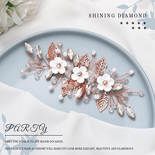 Vakkery Bride Flower Wedding Hair Vines Crystal Hair Piece Bridal Hair Accessories for Women and Girls (Rose Gold) - Image 2