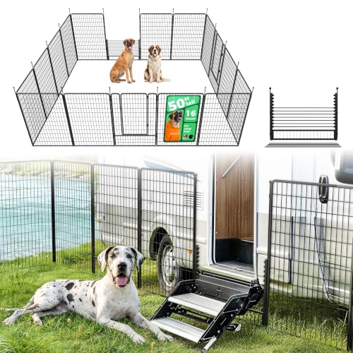 Image of FXW Rollick Dog Playpen with RV Step Grid for RV Camping, 50 inch H, 16 Panels | Easy Setup & Sturdy, Blocks RV Stair Gaps, Fits RV Steps up to 30 inchW, For Large Dogs, Patented