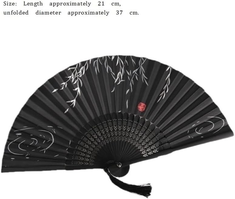 Black Folding Fan Willow Water Print Chinese Handheld with Tassel for Decoration Daily Use(D)
