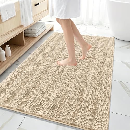 Image of OLANLY Thick Large Bathroom Rugs 59x35, Extra Soft Absorbent Chenille Striped Bath Rugs, Rubber Backing, Machine Wash Dry, Bath Mats for Bathroom Floor, Tub and Shower, Home Decor Accessories, Beige