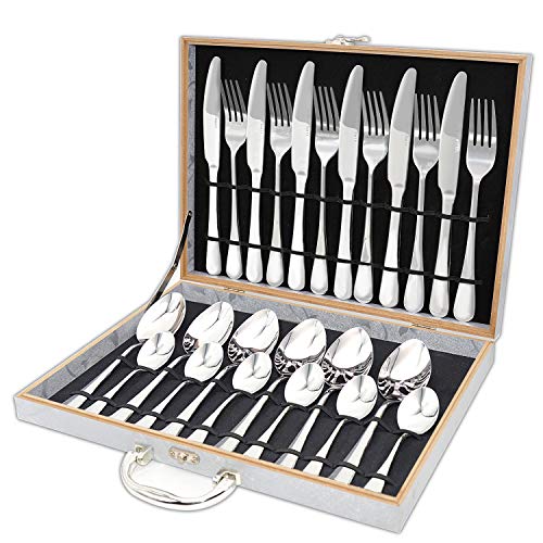 HARBORII Silverware Set 24 Pieces Flatware Set Stainless Steel Forks Knife Spoons Set Service for 6Silver Tableware with Portable Wooden Box Silver 24 PCS