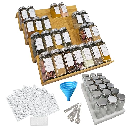 Organizador de especias para cajón, organizador de cajones de especias, organizador de cajones de bambú, juego de especias y condimentos, tarros de especias con etiqueta, organizador de especias para