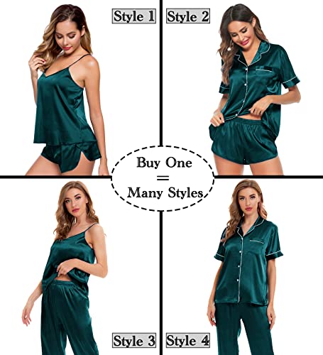 Image of SWOMOG Womens Silk Satin Pajamas Sets 4pcs Sleepwear Sexy Cami Shorts Set and Button Down Short Sleeve Pjs Loungewear